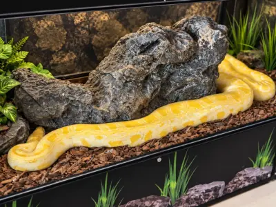 Albino Burmese python with a yellow and white pattern coiled beside a rock in a glass enclosure