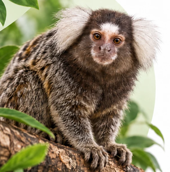 Common marmoset with white ear tufts sitting on a tree branch
