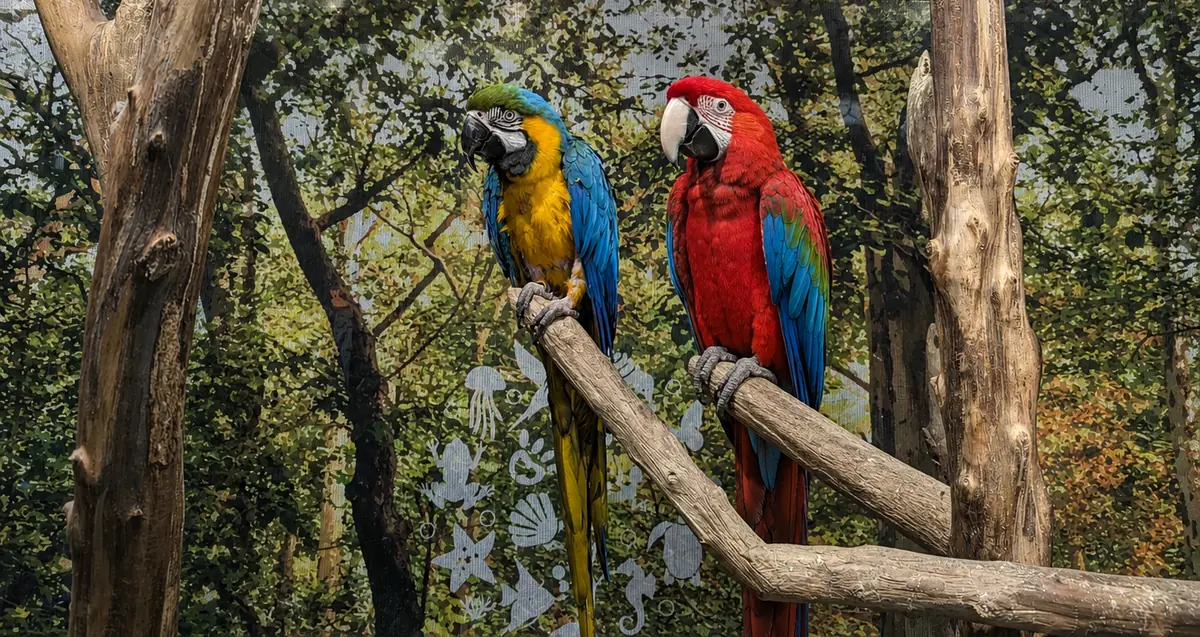 Blue-and-yellow macaw and green-winged macaw perched side by side on branches