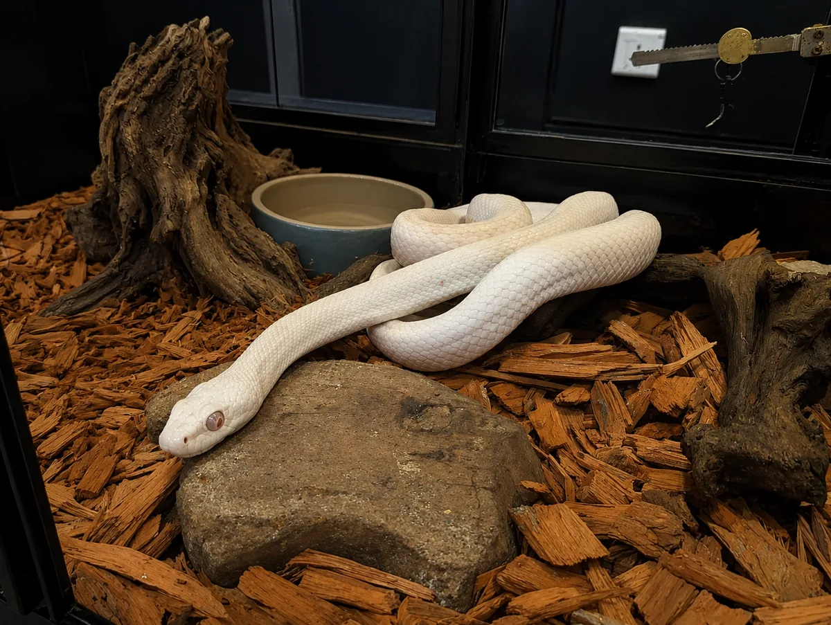 Snow corn snake coiled on a rock in a terrarium with driftwood and a water bowl