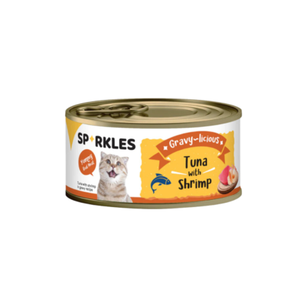 طعام سباركليز بالتونة وروبيان بالمرق Sparkles tuna and shrimp gravy wet cat food can front view