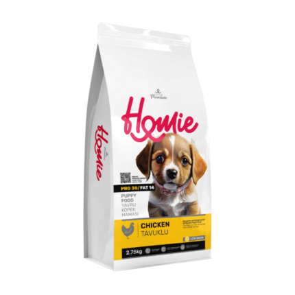 هومي طعام جراء نمو دجاج Homie dry dog food puppies super premium low grain 2.75kg white yellow bag front view
