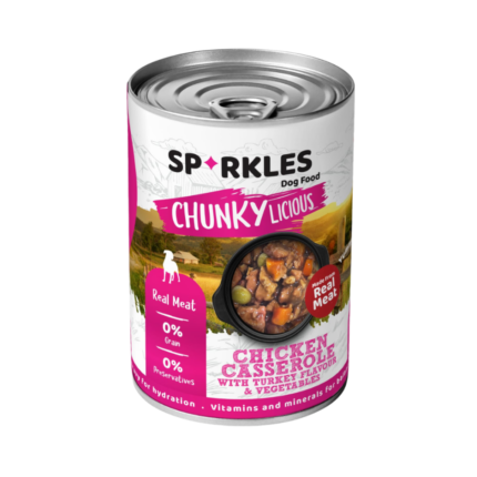 طعام سباركليز بطاجن الدجاج والديك الرومي للكلاب Sparkles chicken casserole turkey dog food grain free can front view