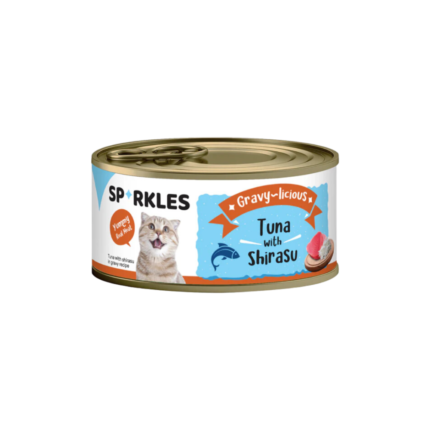 طعام سباركليز بالتونة والشيراسو بالمرق Sparkles tuna and shirasu gravy wet cat food can front view