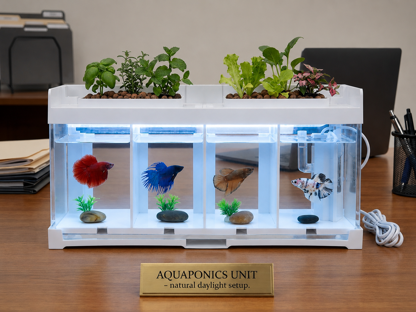 Multi-compartment aquaponics desktop habitat setup