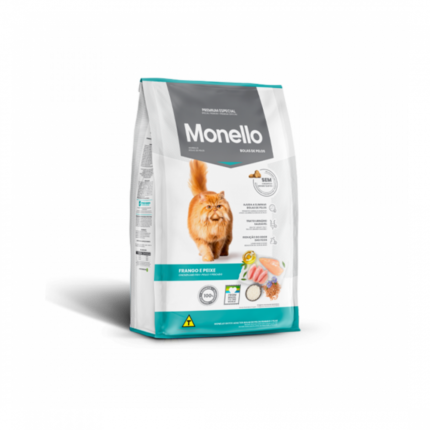Front view light green bag Monello dry cat food hairball control chicken and fish flavor - لقطة أمامية واضحة لعبوة طعام مونيلو قطط للتحكم بكرات الشعر بالدجاج والسمك