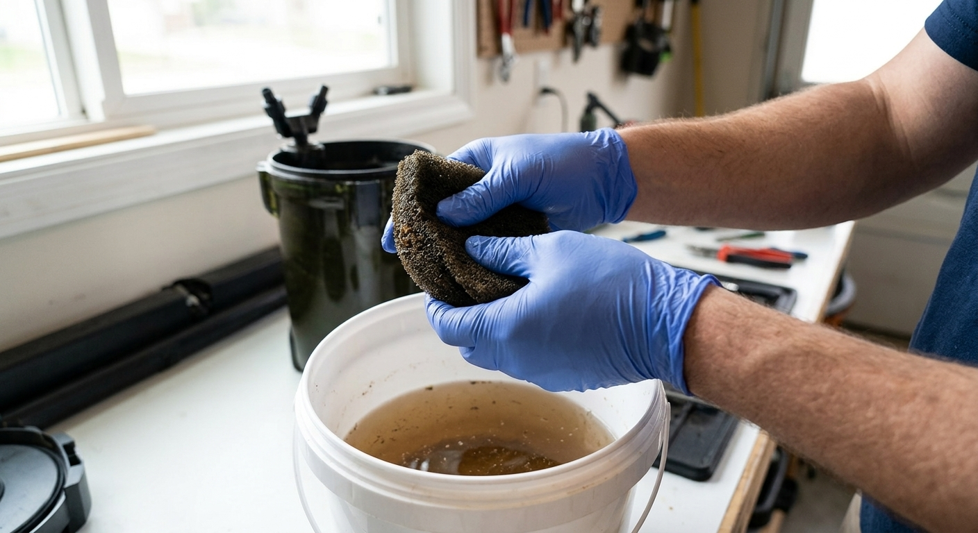 Rinsing aquarium filter sponge in a bucket of old tank water