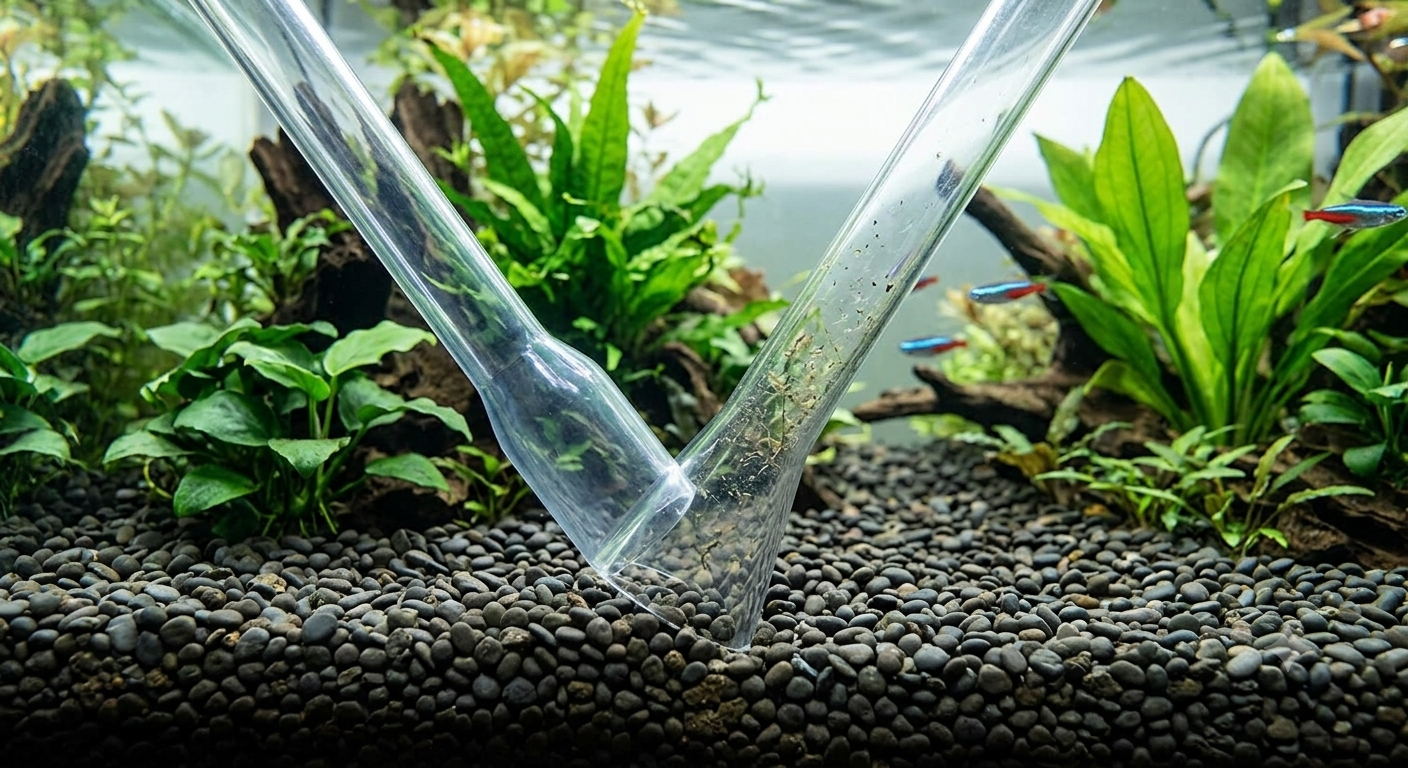 Using a gravel vacuum to remove detritus from aquarium gravel