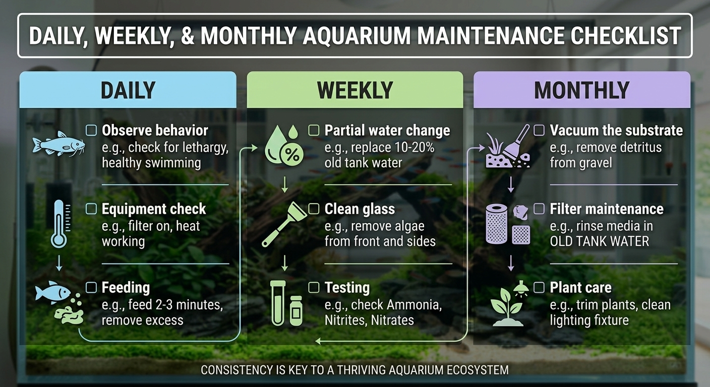 Daily, weekly, and monthly aquarium maintenance checklist