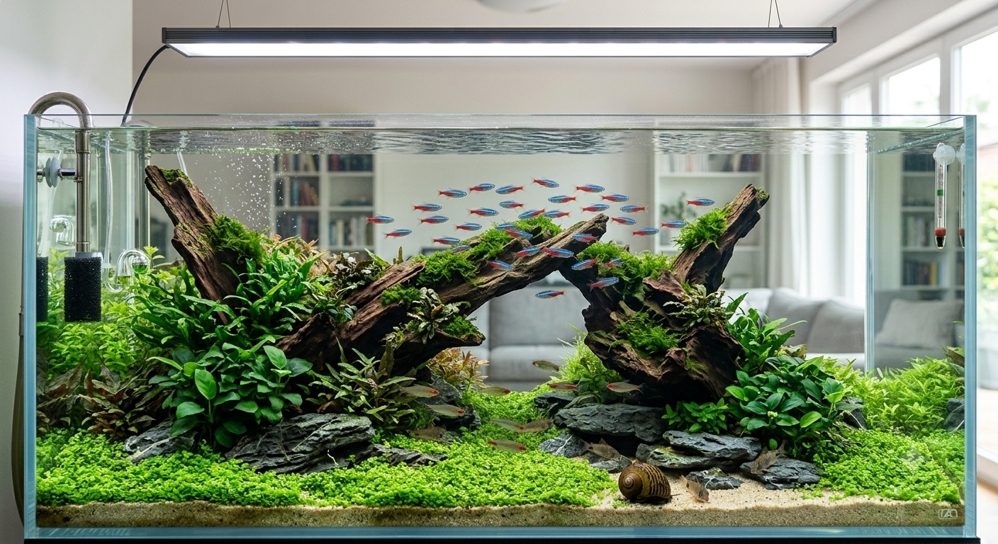 Crystal clear aquarium water with healthy plants and fish