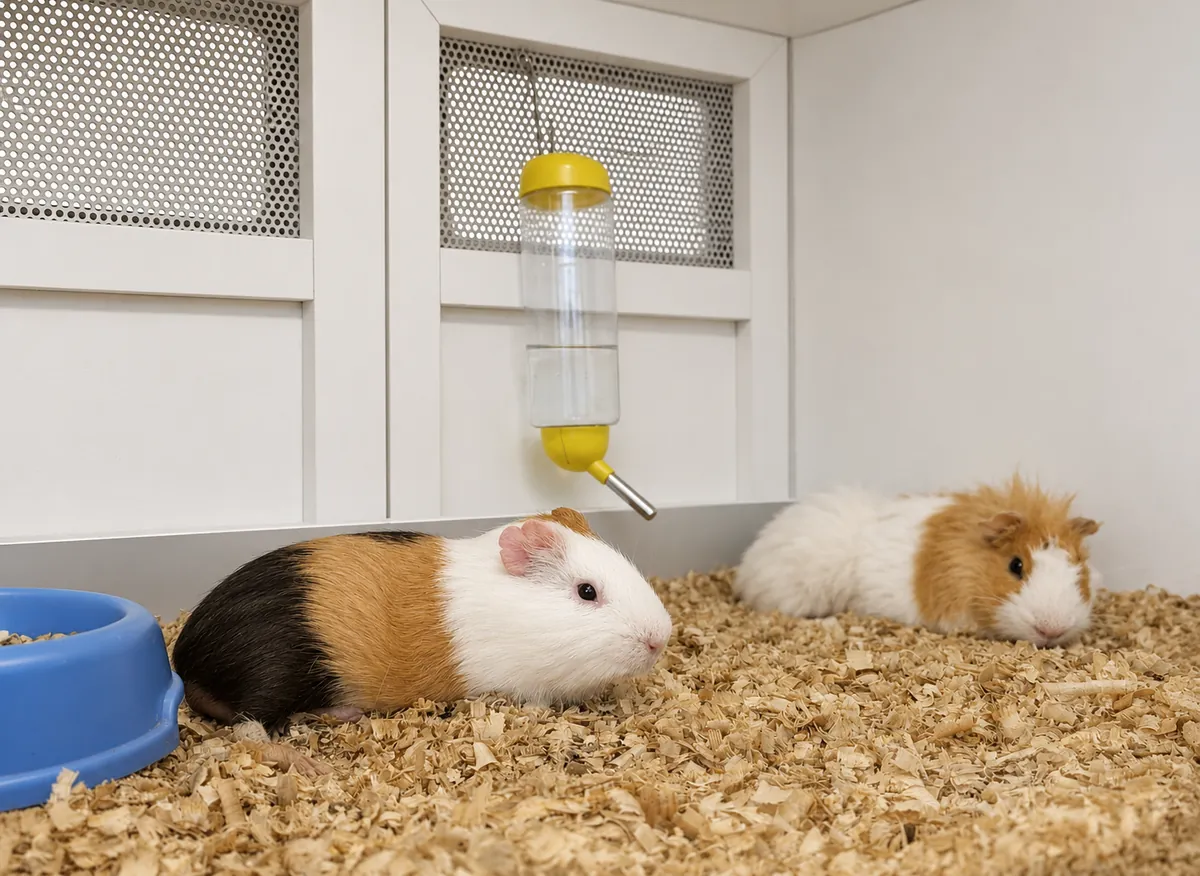 Two guinea pigs resting on wood shavings next to a water bottle and a blue food bowl خنزيران غينيا يستريحان على نشارة الخشب بجانب زجاجة ماء ووعاء طعام أزرق